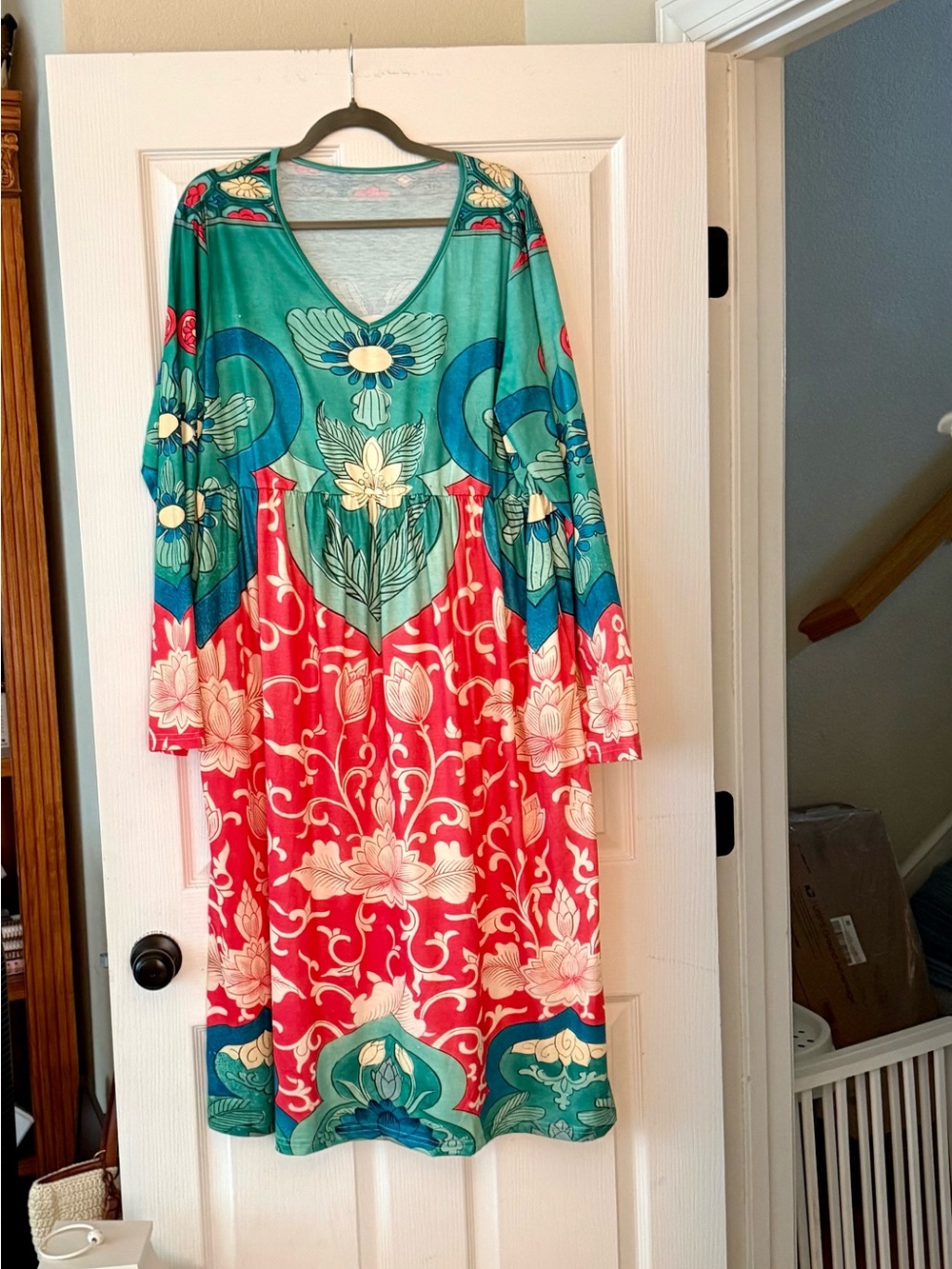 Amazon Floral V-Neck Maxi Dress in Teal & Coral